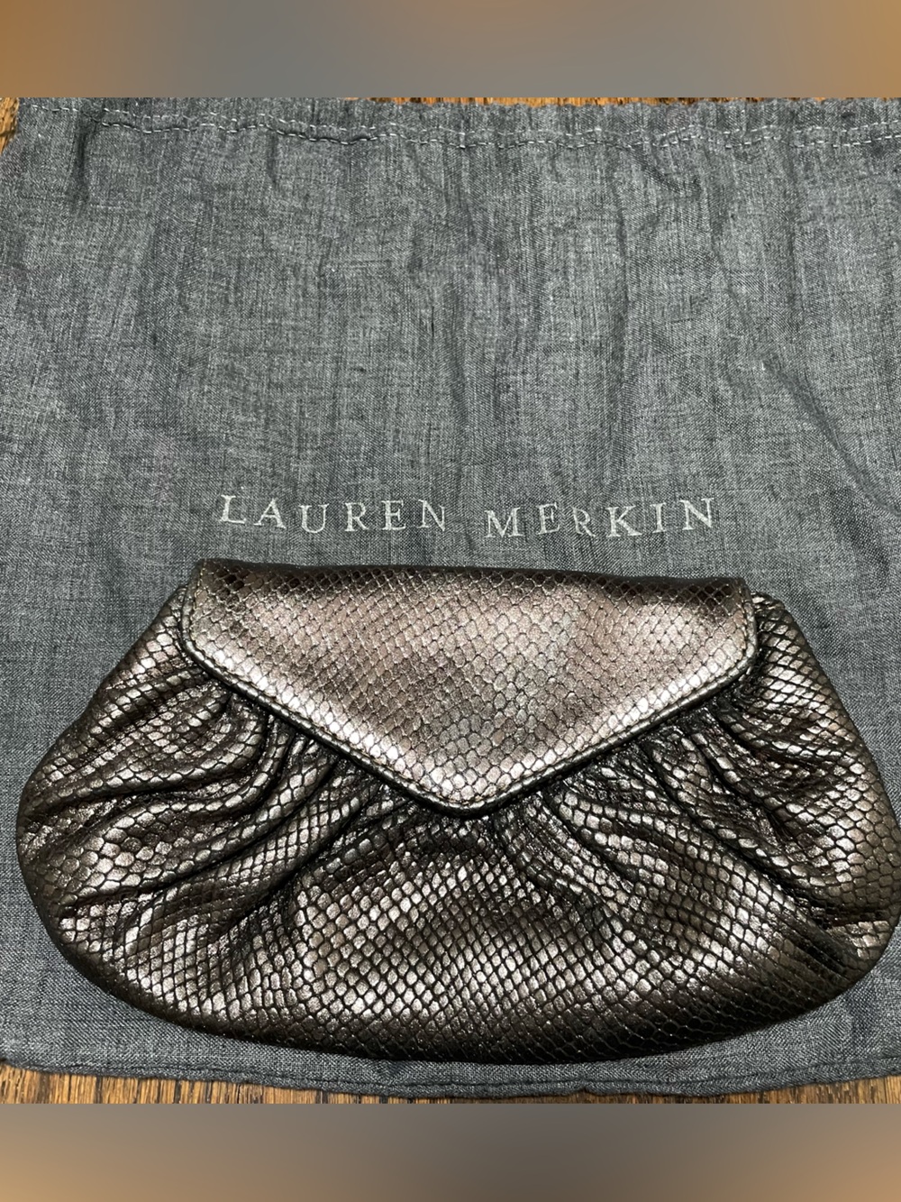 Lauren Merkin Metallic Bronze Snake-Embossed Envelope Clutch